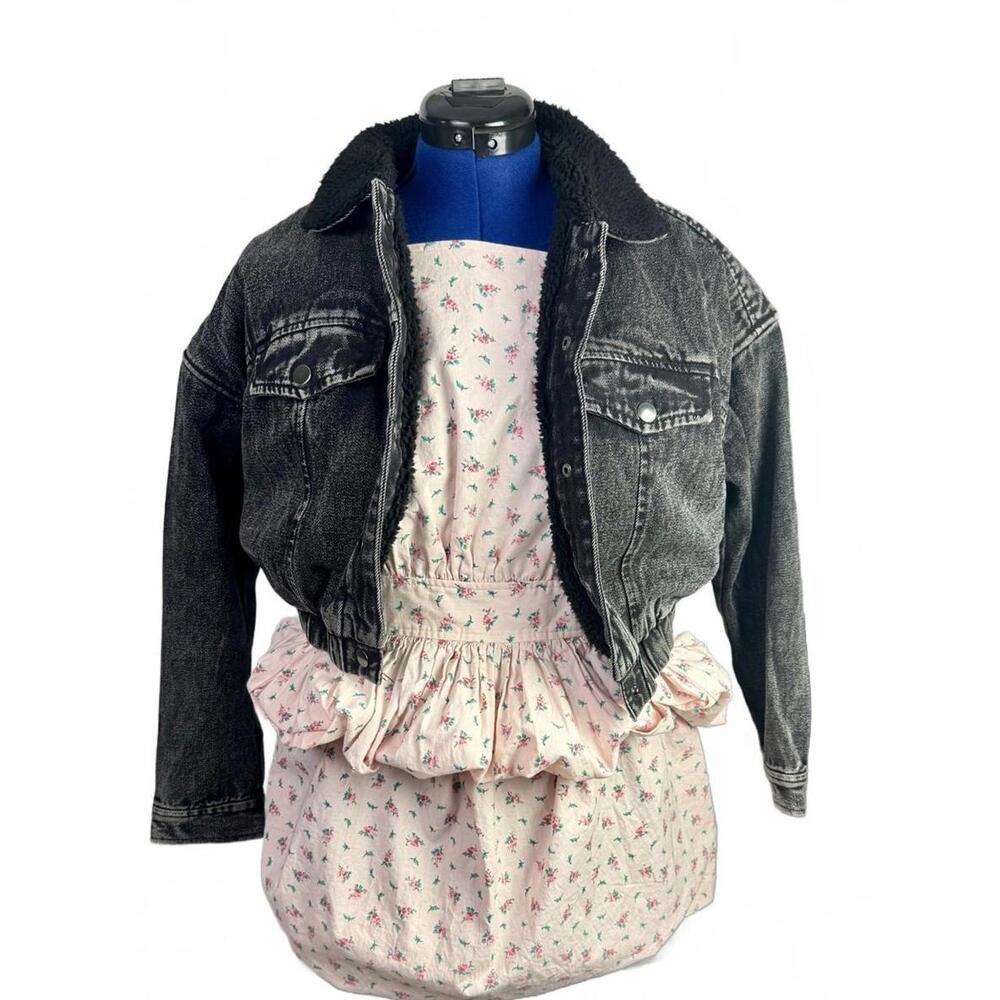 Highway Jeans Cropped Black Denim Sherpa Jacket | Grunge Cozy Goth‎ Outerwear
